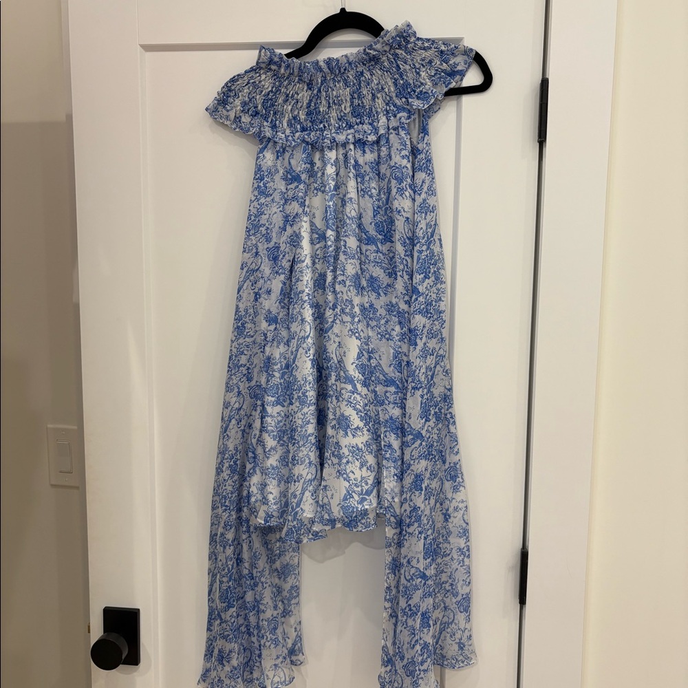 Caroline Constas areadne blue floral toile print silk draped dress